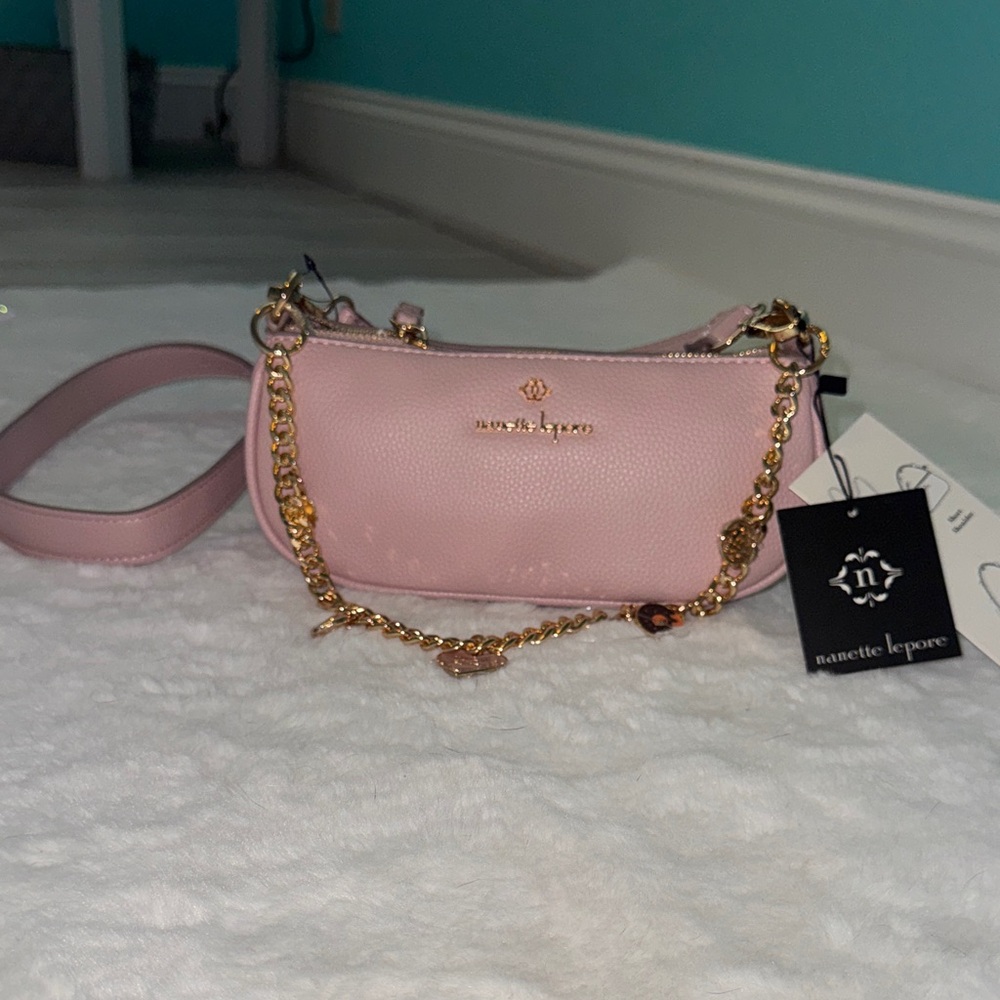 Nanette Lepore Light Pink Pebbled Leather Mini Crossbody with Gold Chain